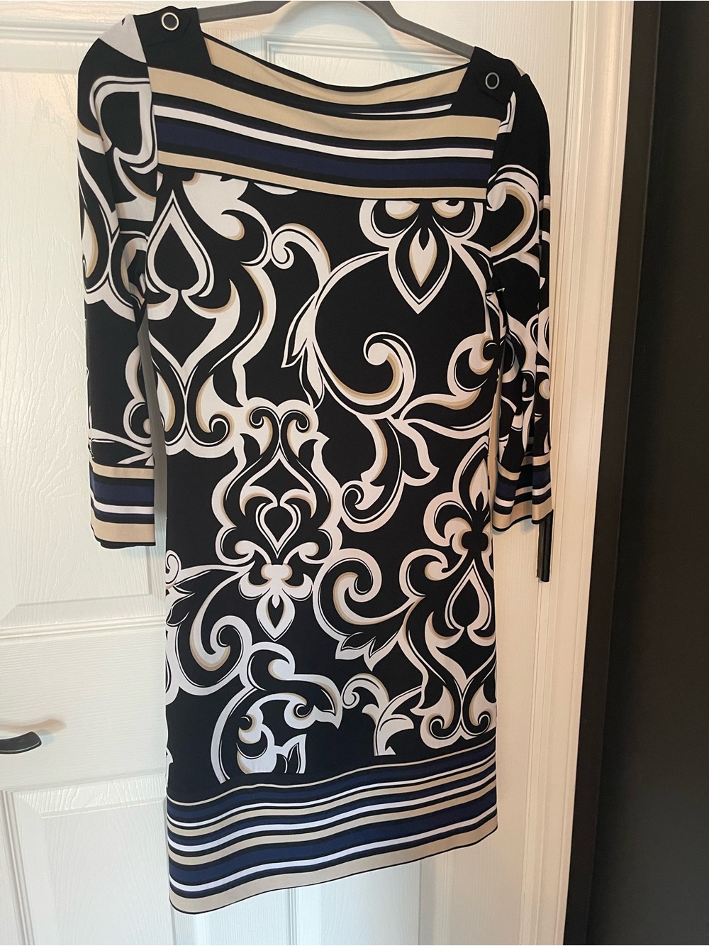WHBM Black, White & Blue Patterned Boatneck Dress with Stripe Trim